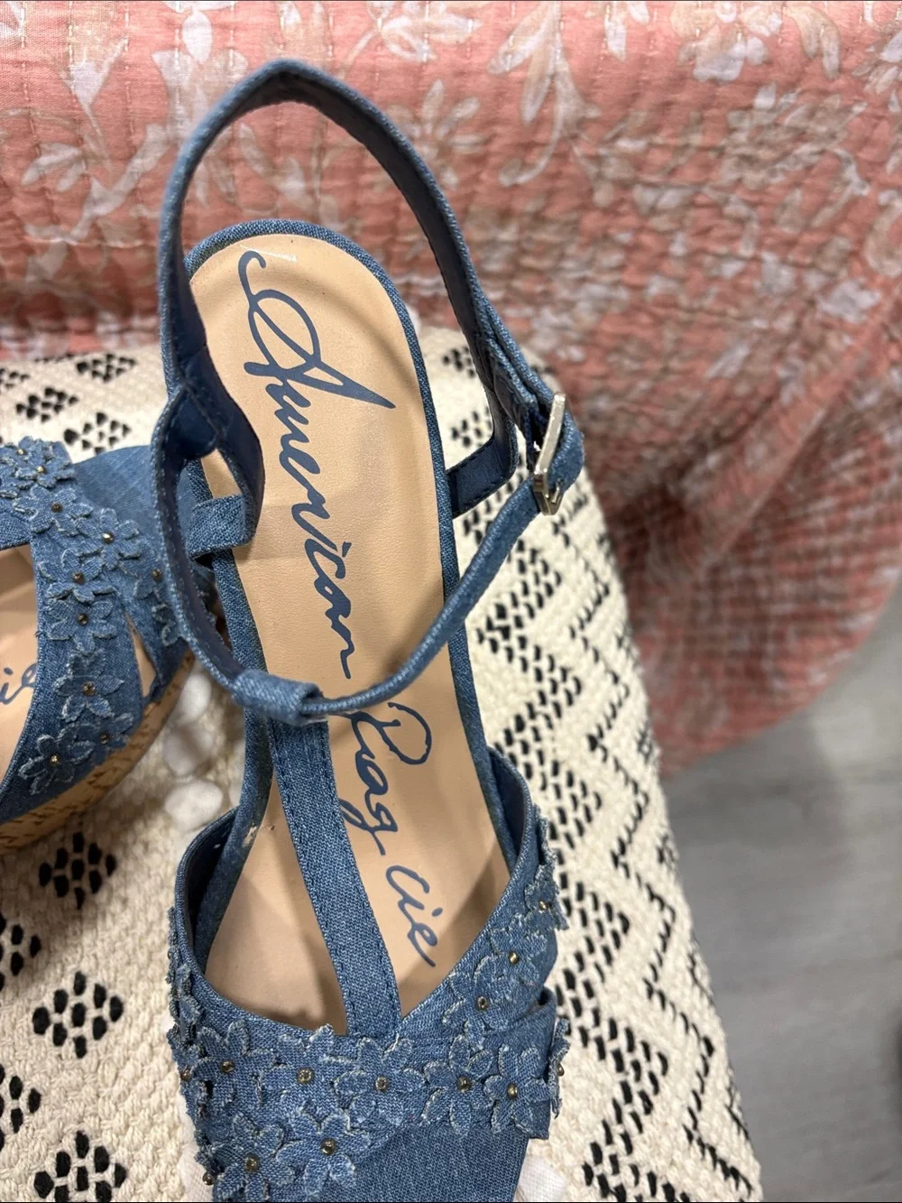 American Rag Denim Floral Cork Platform Sandals - Blue